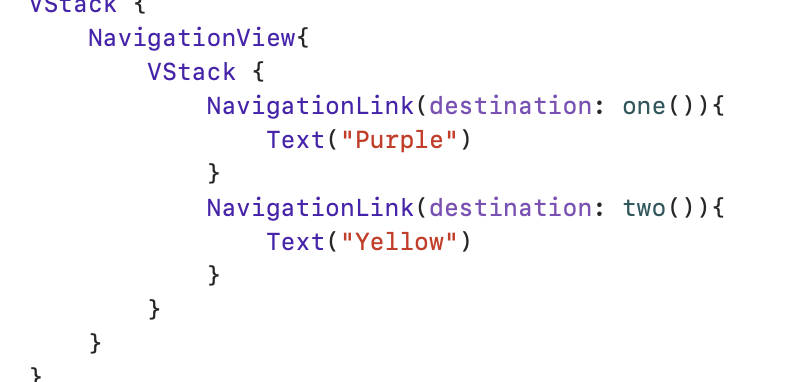 SwiftUI NavigationView with VStack containing two NavigationLinks labeled Purple and Yellow
